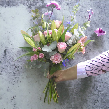 Garden Pink, Pink Lily, Rose, Hand-Tied Arrangement, Eucalyptus Foliage